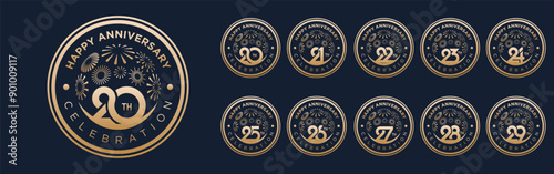 set of 20 to 29th anniversary logotype design, with golden fireworks for celebration event, wedding, and birthday, vector illustration