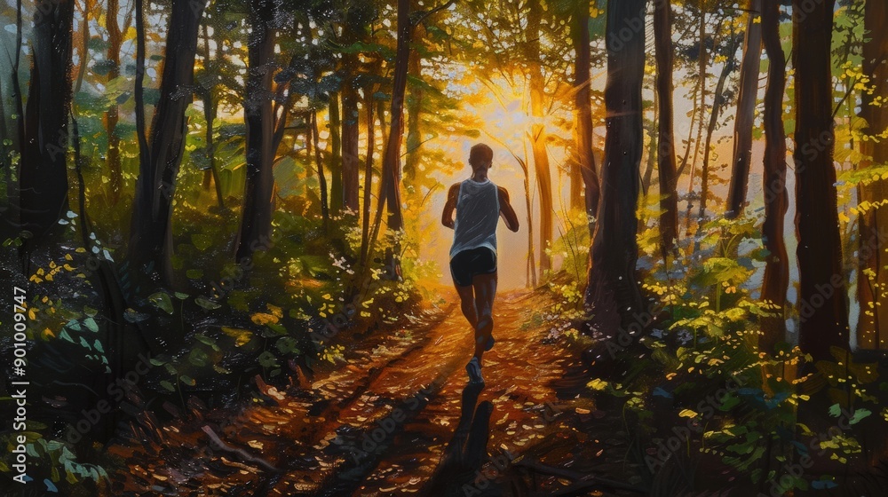 Fototapeta premium A runner enjoys a serene forest pathway at sunrise, surrounded by lush greenery and warm golden light.