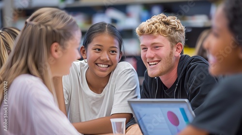 Wallpaper Mural young male american blonde teacher with asian teen students in classroom, laughing and talking while working together on project at desks using laptop computers Torontodigital.ca