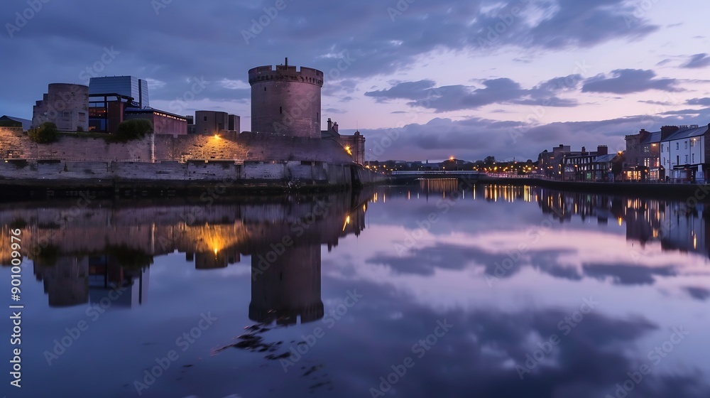 Fototapeta premium Reflection of King Johns Castle at dusk in Limerick city Ireland : Generative AI