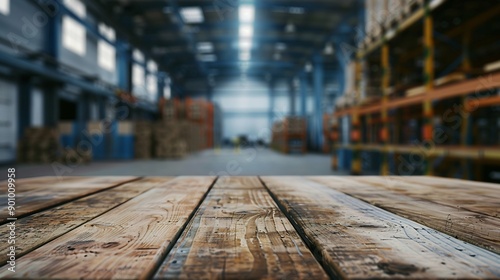 Empty wood table top with blur background of warehouse of factory The table giving copy space for placing advertising product on the table along with beautiful industrial warehouse bac : Generative AI © The Little Hut