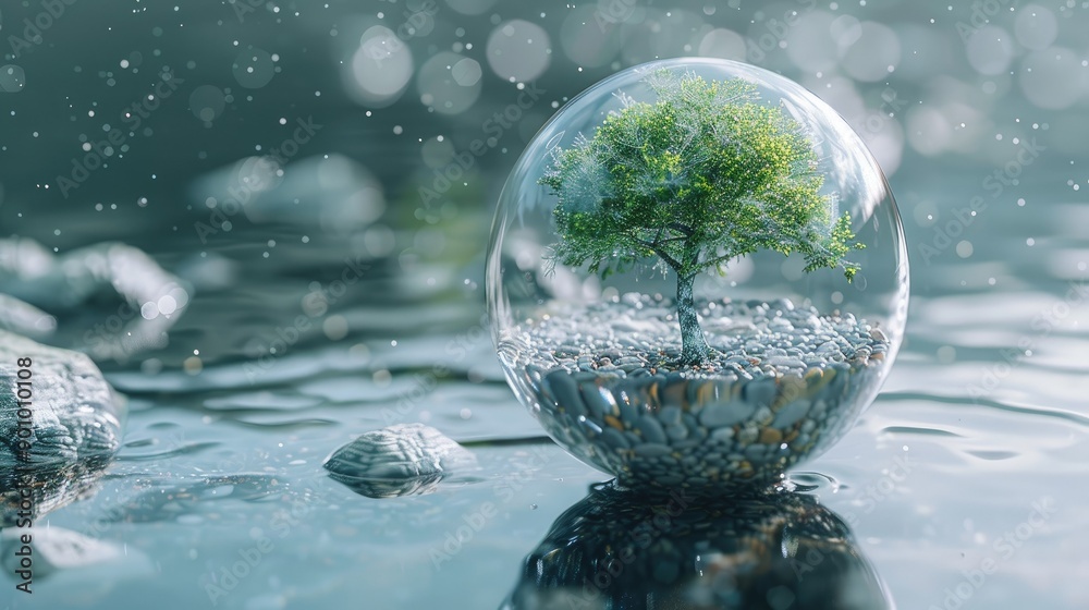 A tree growing inside a transparent bubble floating in the air A tree growing inside a transparent bubble floating in the air
