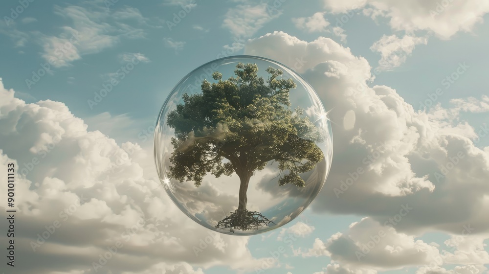 A tree growing inside a transparent bubble floating in the air A tree growing inside a transparent bubble floating in the air
