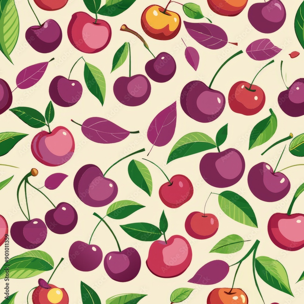 Seamless pattern of sweet cherries and plums, with a rich and decadent appearance, Generative AI Seamless pattern of sweet cherries and plums, with a rich and decadent appearance, Generative AI