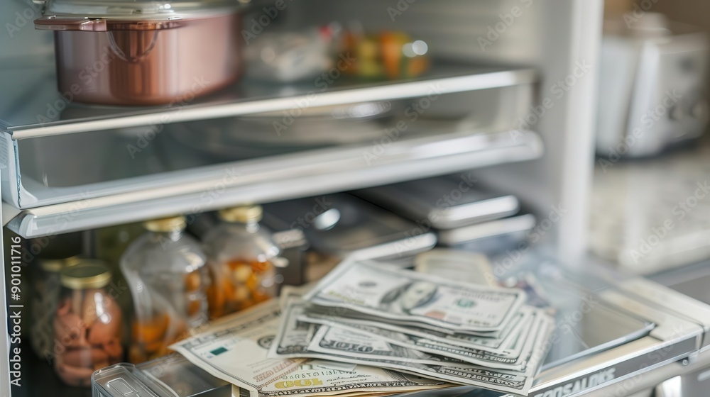 Empty fridge and debt bills, illustrating poverty and debt Empty fridge and debt bills, illustrating poverty and debt