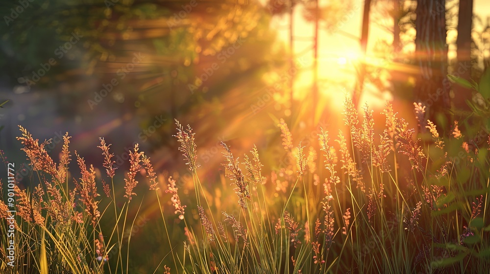 A field of tall grass with the sun shining through the trees A field of tall grass with the sun shining through the trees