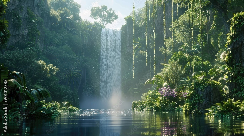 A waterfall cascading into an infinite void surrounded by lush greenery A waterfall cascading into an infinite void surrounded by lush greenery
