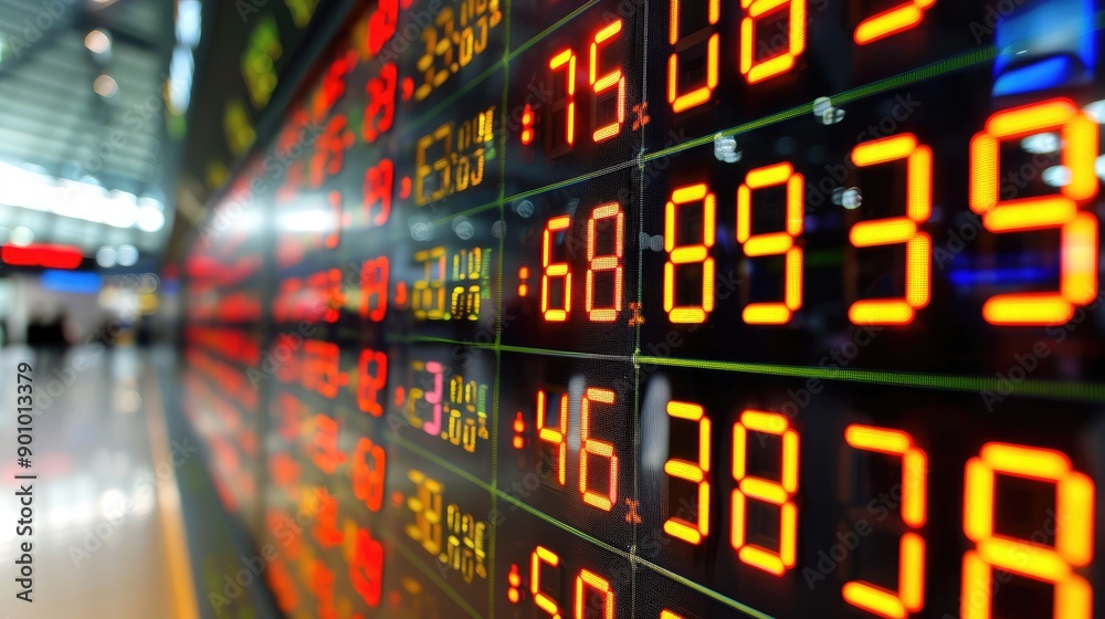 A large display of stock prices with the numbers 4, 6, and 8 on it A large display of stock prices with the numbers 4, 6, and 8 on it