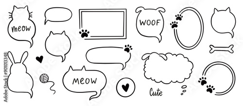 Cat dog pet frame, speech bubble cute set. Hand drawn sketch doodle line style animal pet frame design. Cat, dog paw cute talk speech bubble design. Puppy round footprint badge. Vector illustration.