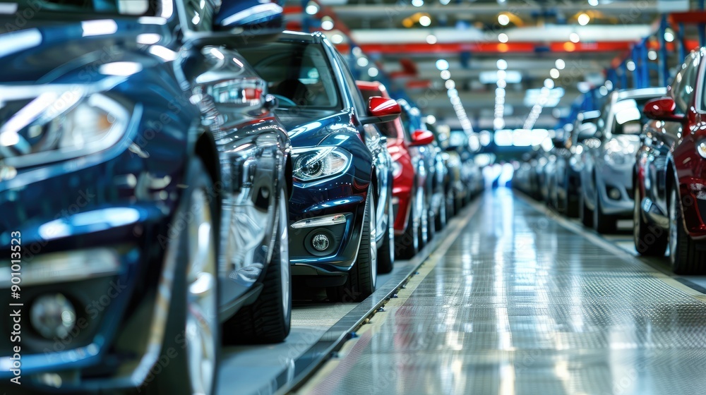 A row of cars are lined up in a factory A row of cars are lined up in a factory
