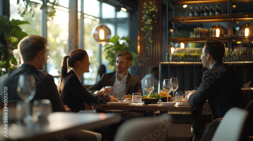  Business professionals meeting clients in formal settings like upscale restaurants  cafes  or conference rooms