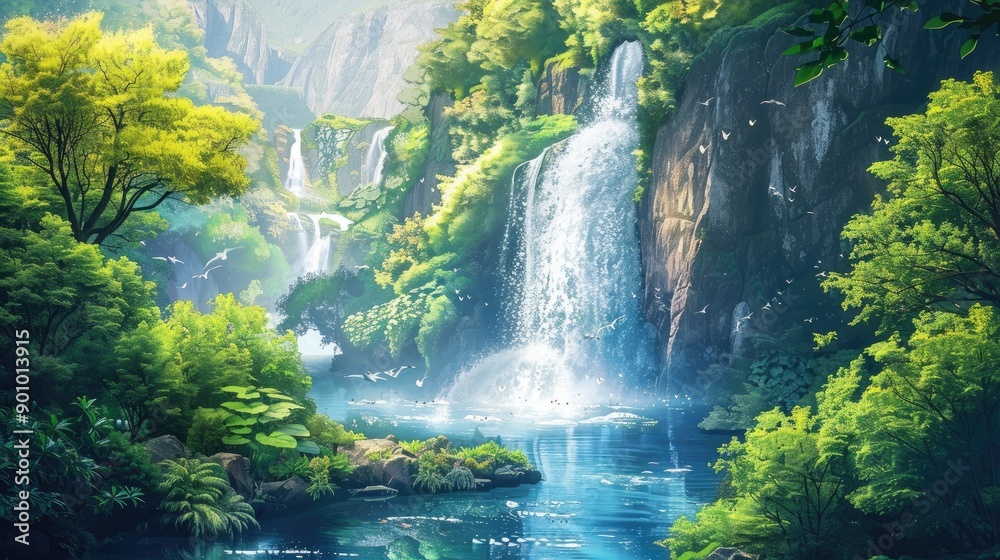 A waterfall cascading into an infinite void surrounded by lush greenery A waterfall cascading into an infinite void surrounded by lush greenery