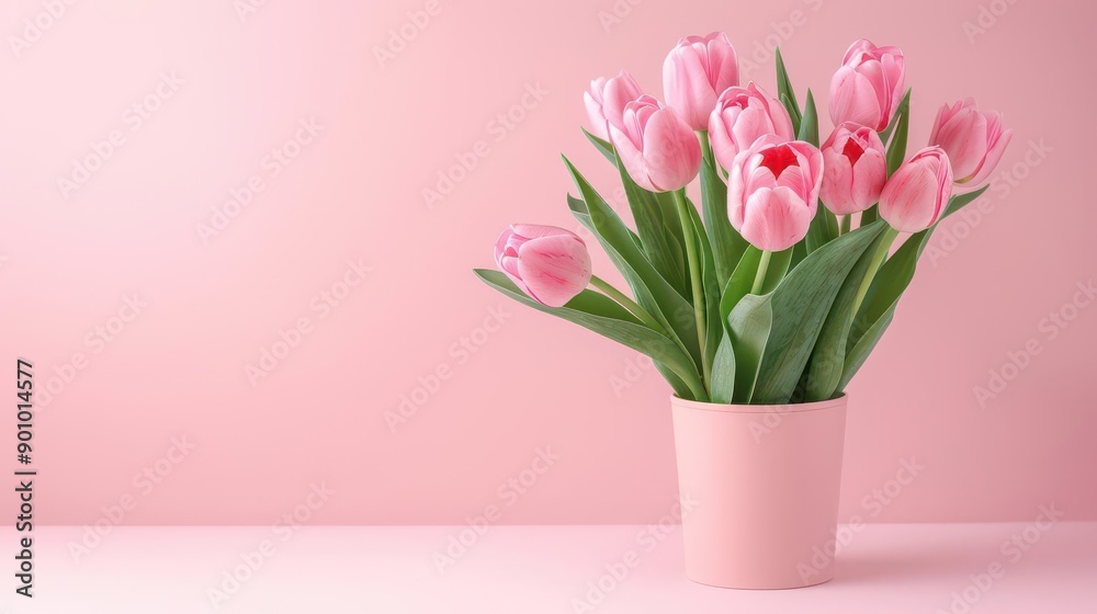 Pink tulips in a vase on a pink background. Pink tulips in a vase on a pink background.