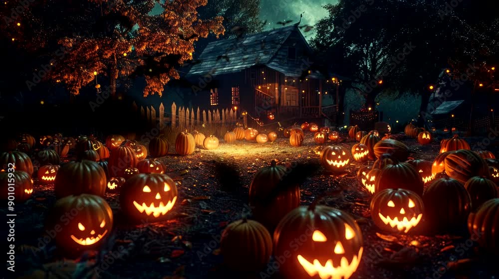 a famous haunted pumpkin farm on Halloween night. seamless looping time-lapse virtual 4k video animation a famous haunted pumpkin farm on Halloween night. seamless looping time-lapse virtual 4k video animation