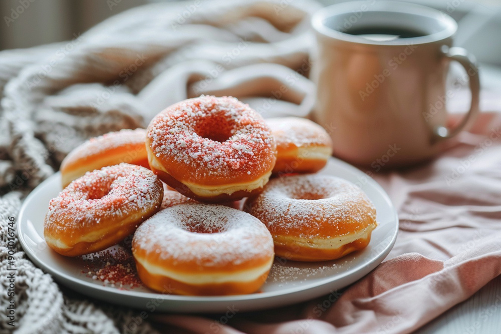 Plate of beautifully baked sugar donuts with a hot cup of coffee. Professional gourmet desert food photography Plate of beautifully baked sugar donuts with a hot cup of coffee. Professional gourmet desert food photography