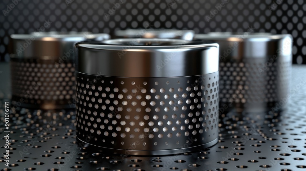 Close-up of cylindrical perforated metal objects with a blurred background. Ideal for industrial, engineering, and technology themes. Close-up of cylindrical perforated metal objects with a blurred background. Ideal for industrial, engineering, and technology themes.