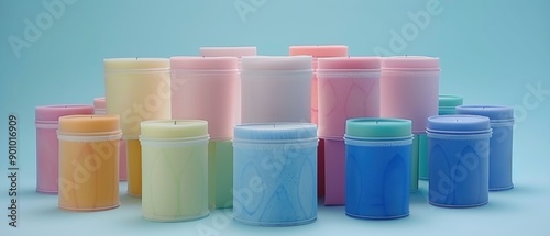 Colorful plastic cosmetic containers in various sizes, arranged on a blue background, ideal for packaging and design themes.