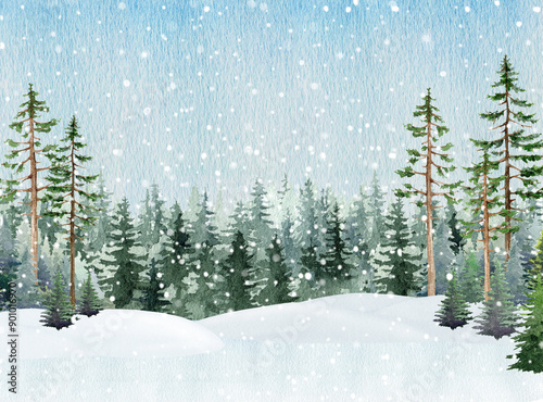 Winter season coniferous forest during snowfall. Vintage style painted illustration. Winter season landscape scene with pine trees, Christmas tree covered with snow, snowdrifts, snowflakes photo