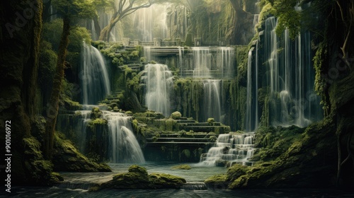 A waterfall cascading into an infinite void surrounded by lush greenery