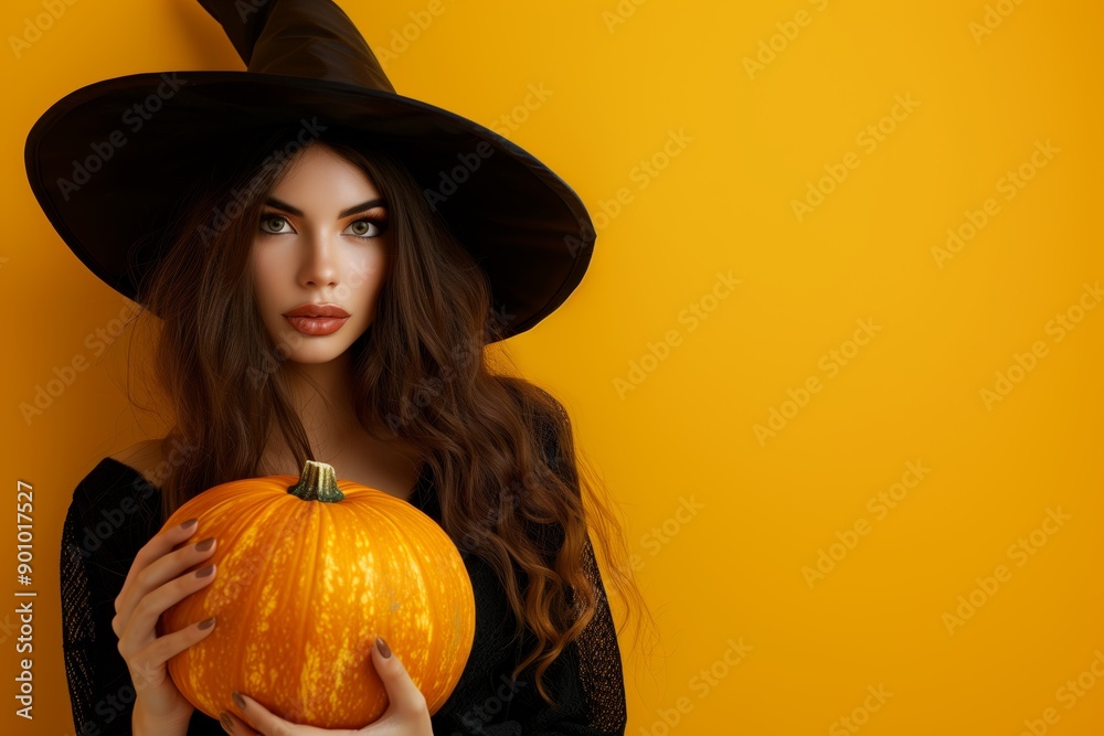 Magician woman wearing black costume and halloween makeup holding carved pumpkin, isolated over yellow background Magician woman wearing black costume and halloween makeup holding carved pumpkin, isolated over yellow background