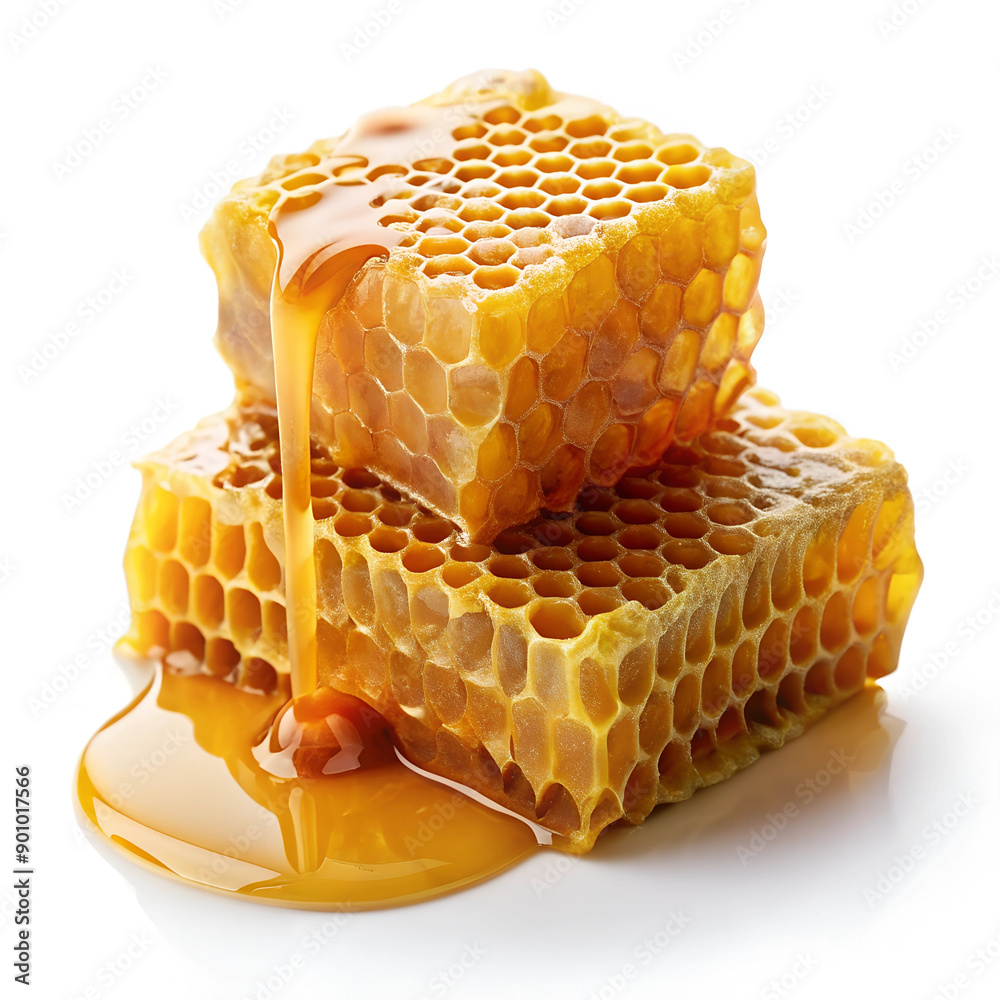 Fresh Honeycomb with Dripping Honey on White Background Fresh Honeycomb with Dripping Honey on White Background