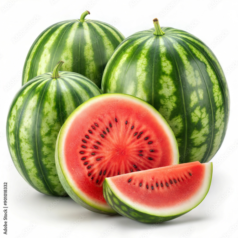 Two Whole Watermelons and Slices on White Background Two Whole Watermelons and Slices on White Background