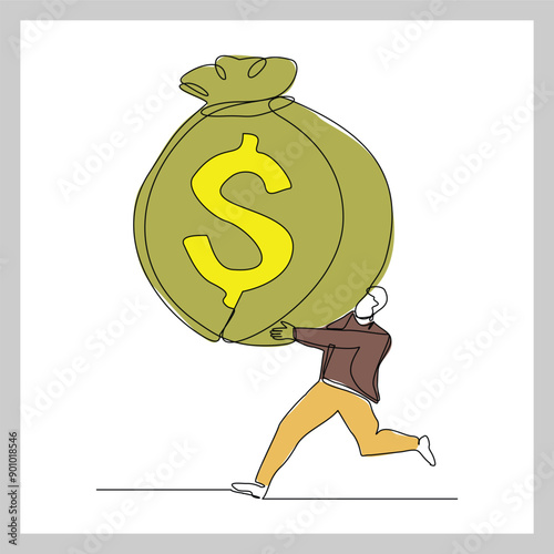 Continuous single line sketch drawing art of business man with big money bag. Vector illustration one line of bank savings dollar money