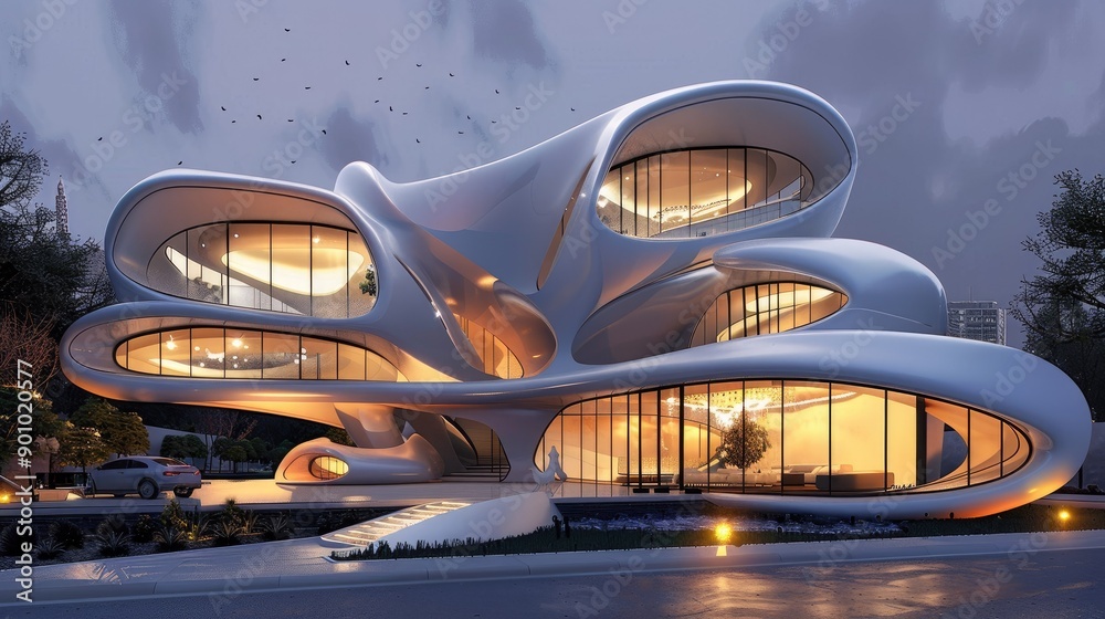 Abstract architectural form with flowing lines and organic shapes illuminated at night Abstract architectural form with flowing lines and organic shapes illuminated at night