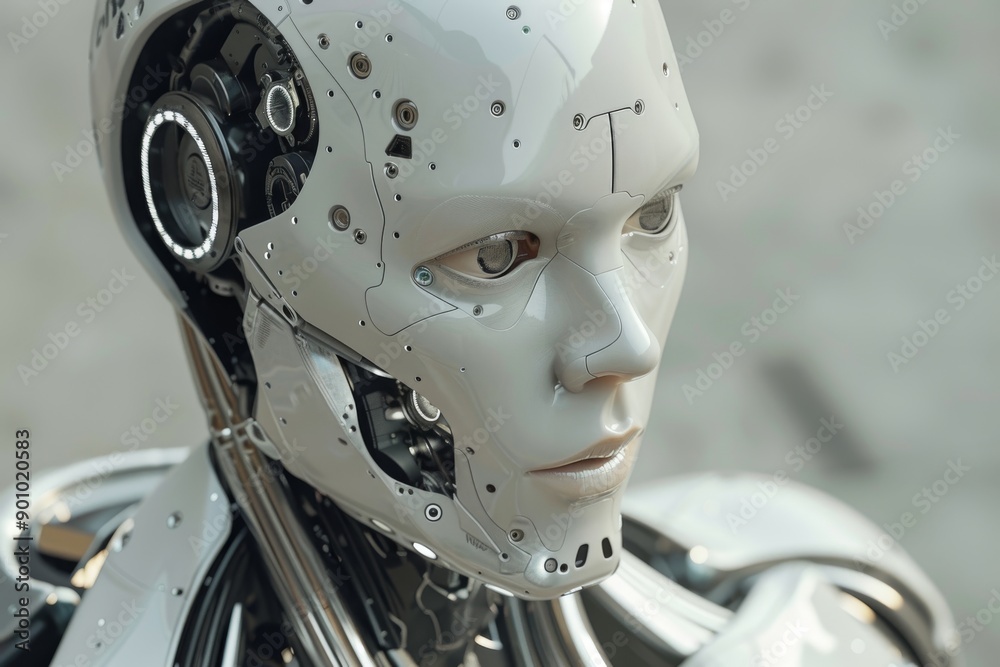 Close Up of Humanoid Robot Face with Advanced Sensors in a Futuristic Setting Close Up of Humanoid Robot Face with Advanced Sensors in a Futuristic Setting