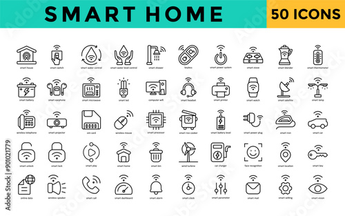 Smart Home icons set with smart house, smart switch, smart water control, smart water level control, smart shower, keyless, smart power system, smart stove, smart blender icon. Simple line vector 
