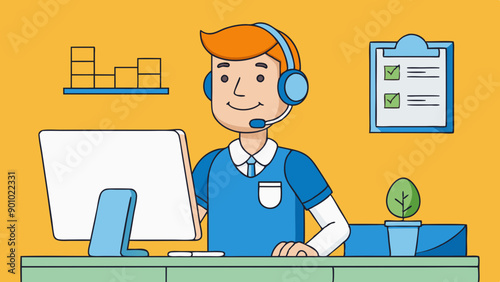 a flat illustration of a man checking customer vector illustration