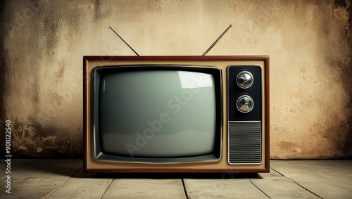 Old television in front of grunge wall background, Vintage TV on a dark texture background photo