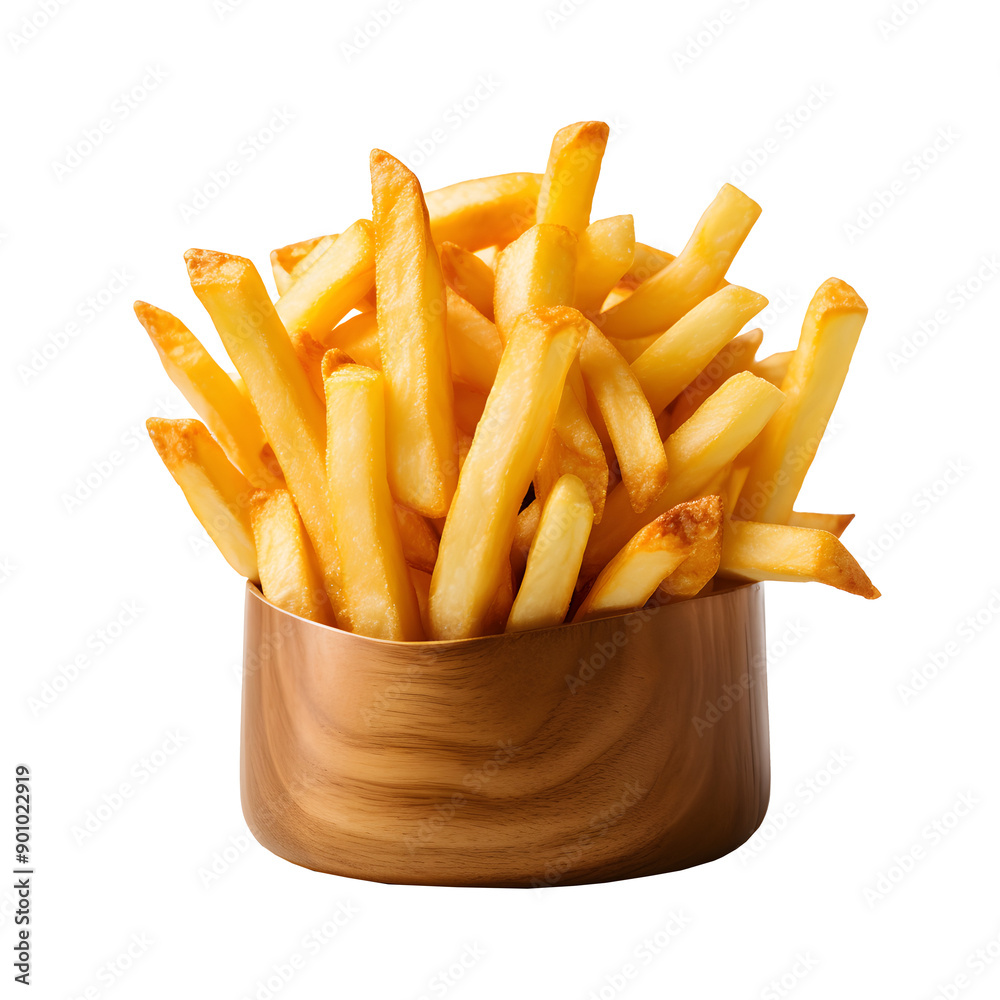 Golden Crispy French Fries in Paper Container - Close-Up on white and transparent background Golden Crispy French Fries in Paper Container - Close-Up on white and transparent background