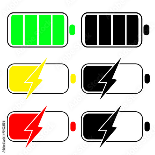 Set Off Battery charge flat icons. Battery charging, charge indicator. Vector battery power icon powerfully charged.Red,Green,yaloow and Blck Battery . Vector illustration
 photo