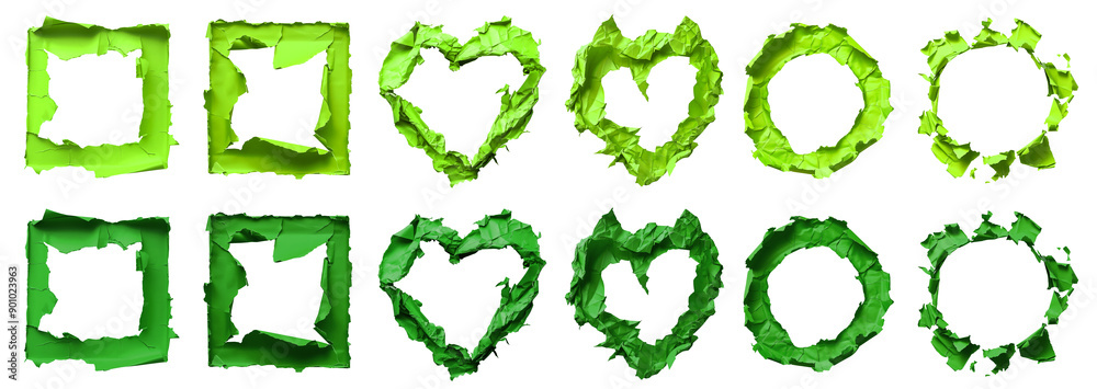 Naklejka premium Collection set of turquoise blue green crumpled crushed scrunched paper heart love, circle round, square with hole torn tear in middle on transparent cutout PNG. Many different design. Mockup template