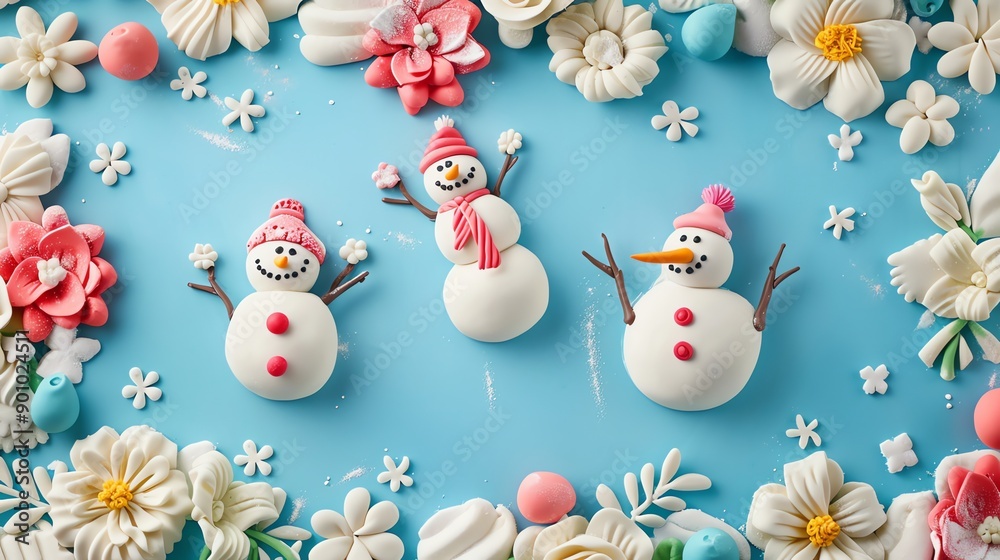 A whimsical arrangement of fondant snowmen and flowers on a blue background.