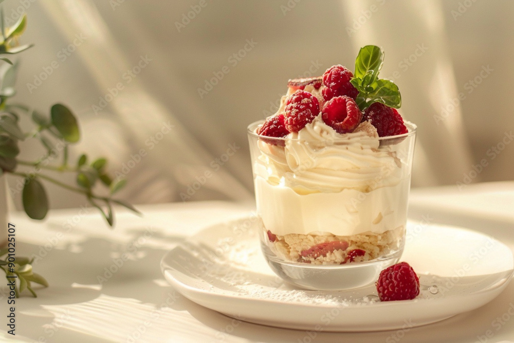 Elegant raspberry dessert with cream layers in sunlight. Professional gourmet desert food photography. Elegant raspberry dessert with cream layers in sunlight. Professional gourmet desert food photography.