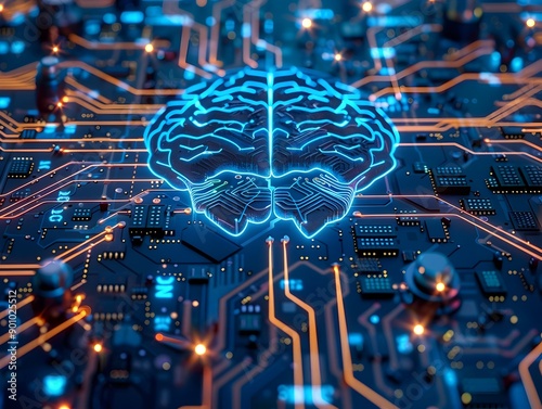 Glowing Brain Shaped CPU Circuits Converging on Digital Technology Concept photo