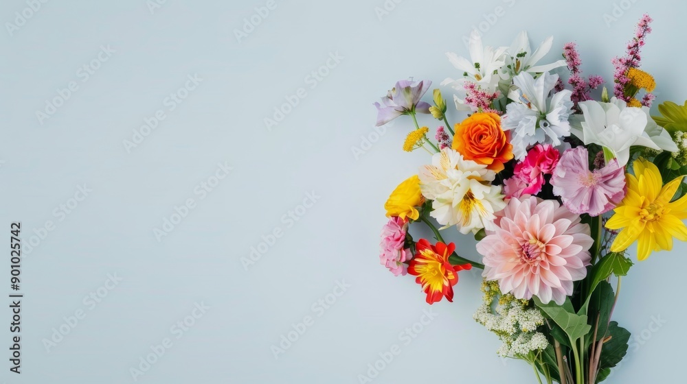 A charming bouquet of mixed flowers, displaying a colorful assortment, isolated on a simple background with ample space for copy text A charming bouquet of mixed flowers, displaying a colorful assortment, isolated on a simple background with ample space for copy text
