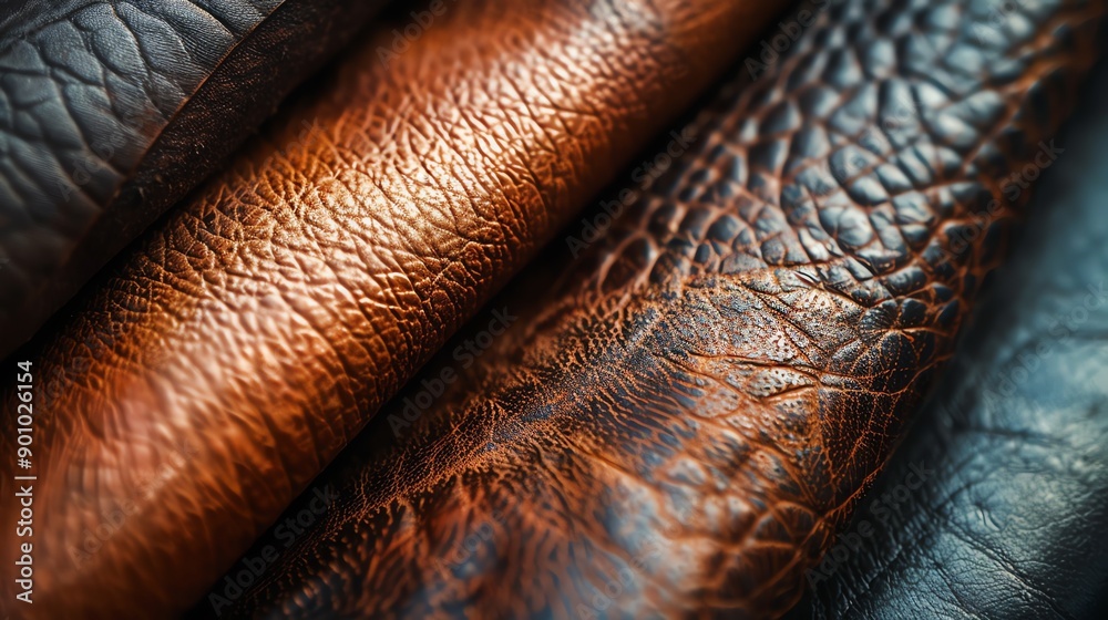 A close-up of leather in a variety of brown colors. A close-up of leather in a variety of brown colors.