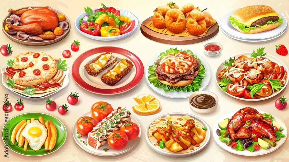 A collection of different food items arranged on a beige background. A collection of different food items arranged on a beige background.