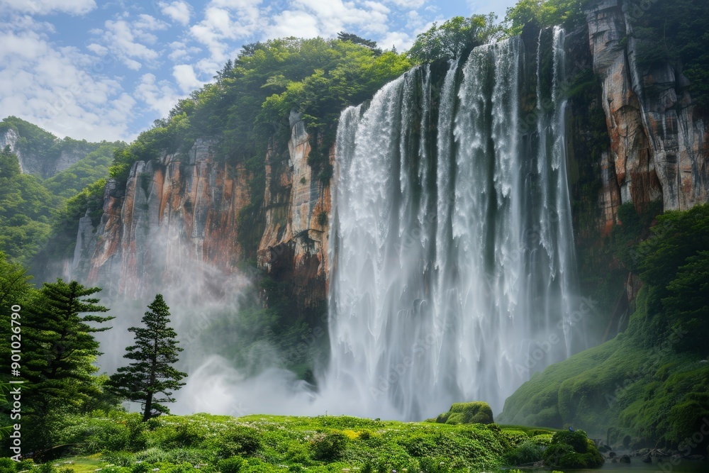 Naklejka premium waterfall down a rocky cliff
