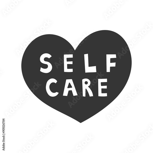 Self Care Handwritten Text in Black Heart. Hand drawn Doodle sticker. Self-love motivational phrase. Psychology Psychotherapy symbol. Isolated vector illustration