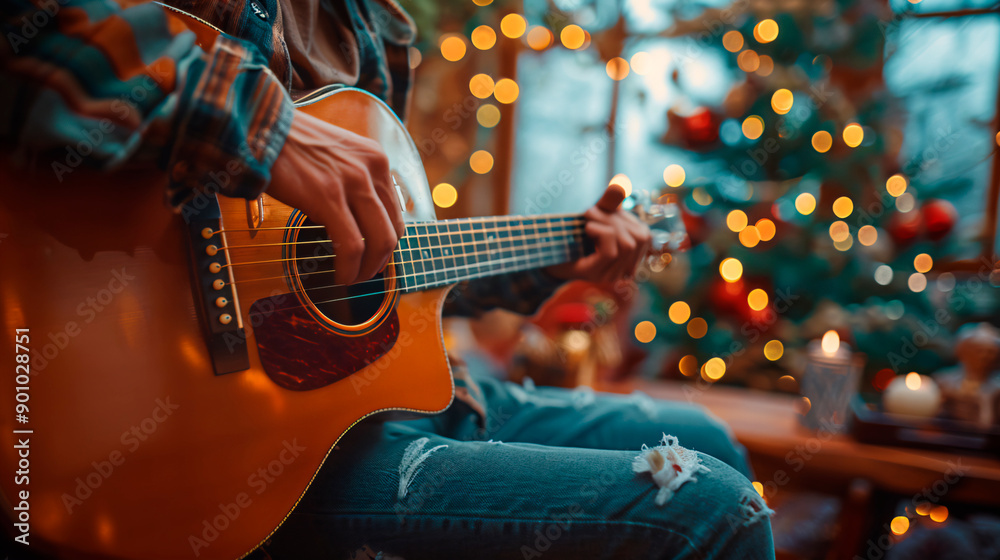 Obraz premium Musician hands playing the guitar at christmas season. Festive Holiday Music. 