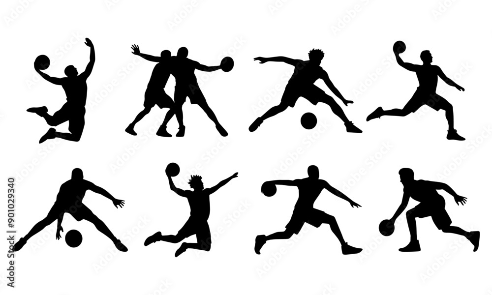 Fototapeta premium Vector set of Basketball Players silhouettes in different action, transparent background