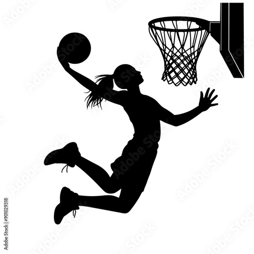 vector silhouette of a female basketball player slam dunk, scoring the ball to the net, transparent background