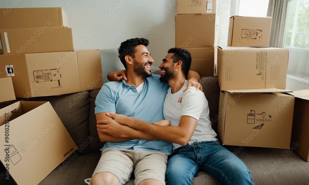 Gay Couple Relaxing on Couch After Moving Day Gay Couple Relaxing on Couch After Moving Day