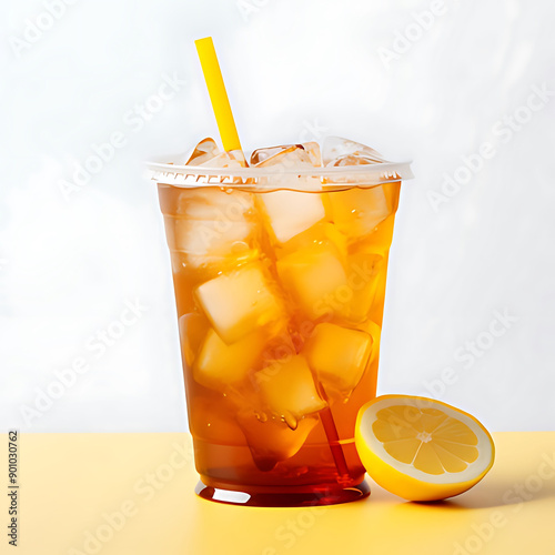 Iced lemon tea on plastic takeaway glass isolated on white background with copy space