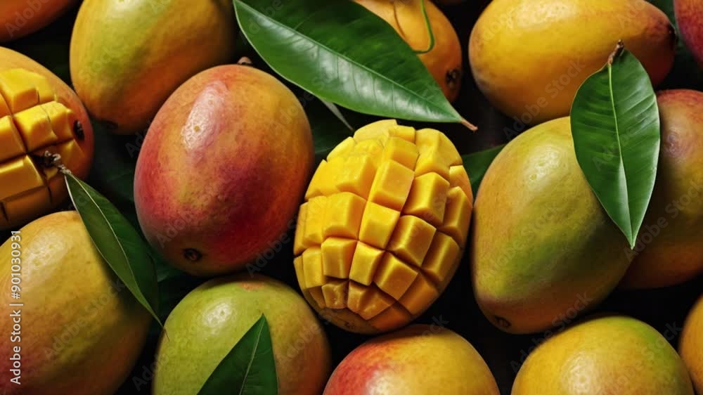 Close up of fresh mango fruit background with leaves, top view. Photorealistic high resolution macro photography for advertising or food design.
