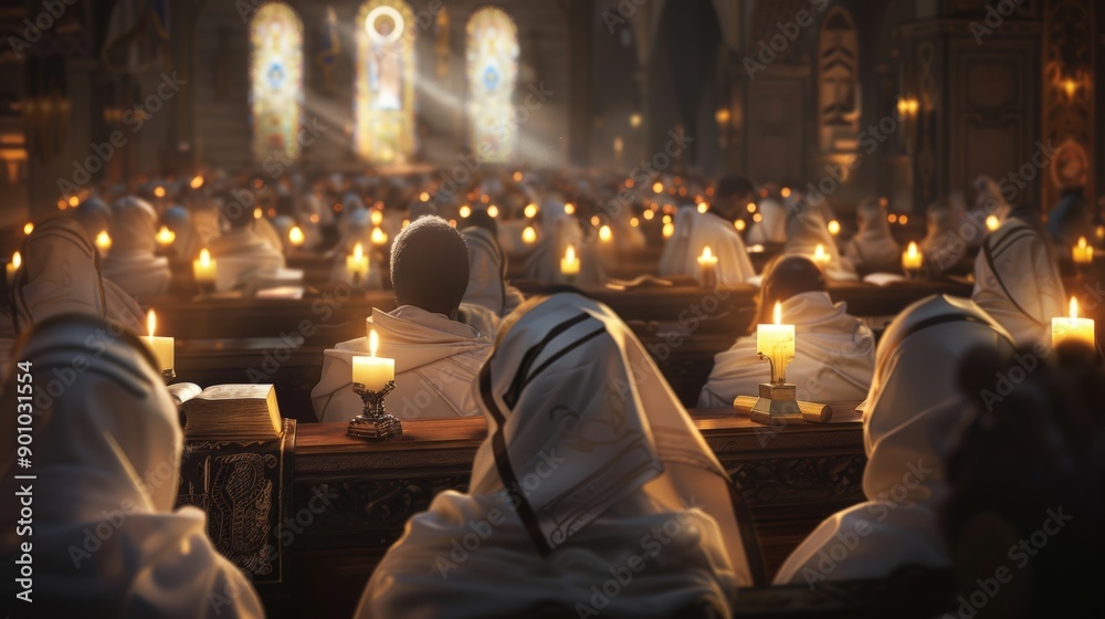 Yom Kippur scene with a synagogue softly lit by candlelight, people in white prayer garments engaged in reflection and prayer. Yom Kippur scene with a synagogue softly lit by candlelight, people in white prayer garments engaged in reflection and prayer.